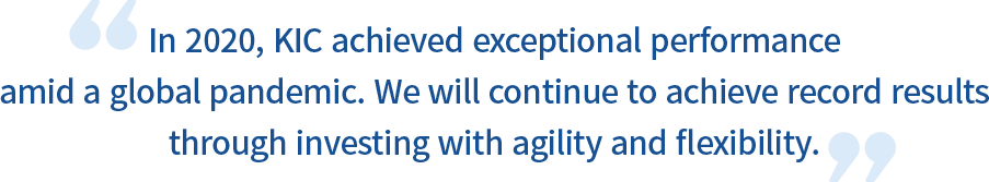 In 2020, KIC achieved exceptional performance amid a global pandemic. We will continue to achieve record results through investing with agility and flexibility.